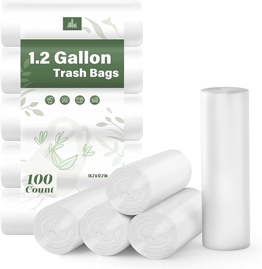 Jaoul 1.2 Gallon Trash Bags, Unscented Strong Small Trash Bags Bathroom, Small Garbage Bags for Bathroom Can, White Trash Can Liners 100 Count