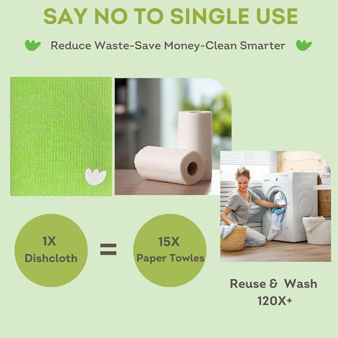 EKOH Swedish DishCloths 12 Pack, Reusable Paper Towels for Kitchen, Eco-Friendly Cellulose Sponge, Microfiber Alternative Dish Cloth, Kitchen Essentials, Apple Lime Green