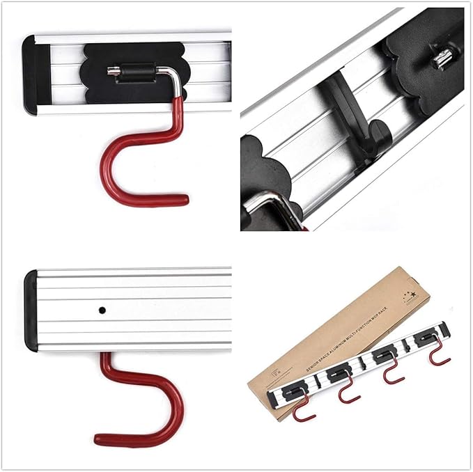 Wall Mounted Mop and Broom Holder, Stainless Steel, Red Black, 34 Inches, 8 Position Rack with 6 Hooks, S Type Organizer
