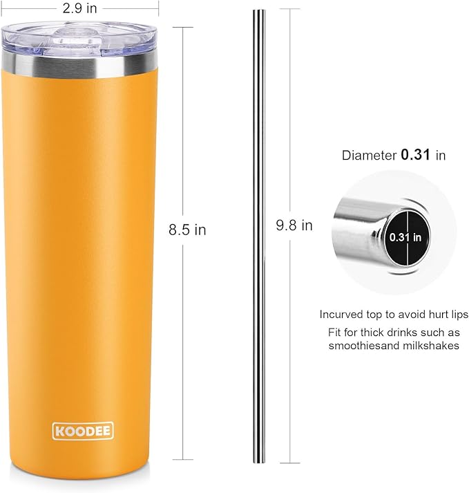 koodee Tumbler with Lid and Straw-20 oz Stainless Steel Vacuum Insulated Coffee Traver Mug, Beach Cup Tumbler(Mango Yellow)