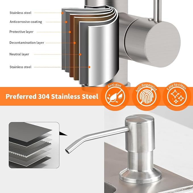 Kitchen Sink Faucet with Soap Dispenser, Kitchen Faucet with Pull Down Sprayer Stainless Steel Single Handle High Arc Pull Out Brushed Nickel Faucet for Bar Laundry RV Utility Sink