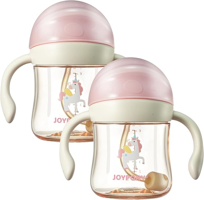 Joypony Baby Sippy Cups 6-12 Months, Spill Proof Weighted Straw Cup with Handle for Toddlers 1-3, 2 Pack, Total 4 Silicone Straws, PPSU, BPA Free, 6 oz (Pink)