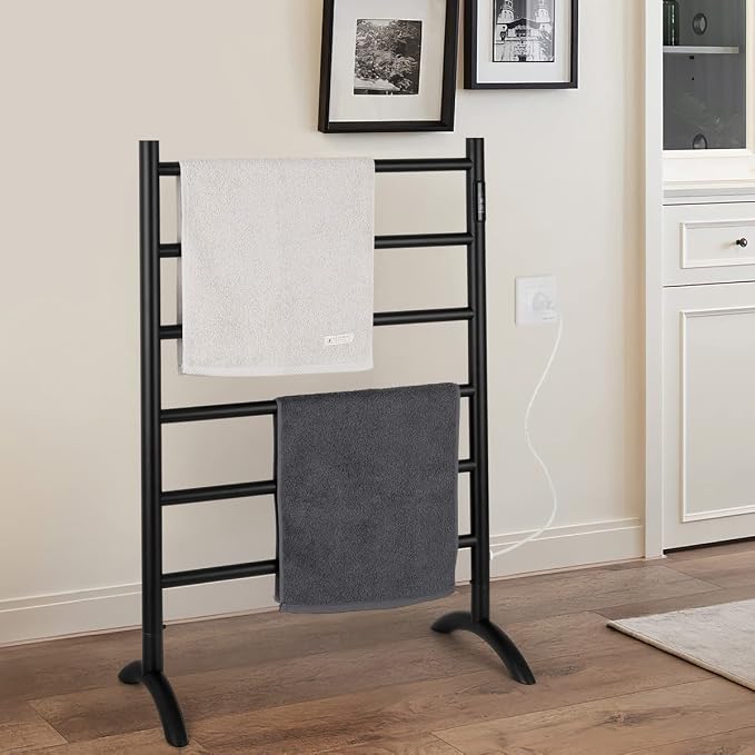 Freestanding Towel Warmer 6 Bars Plug-in Option 3 Working Modes Black Stainless Steel 24" W 34" H