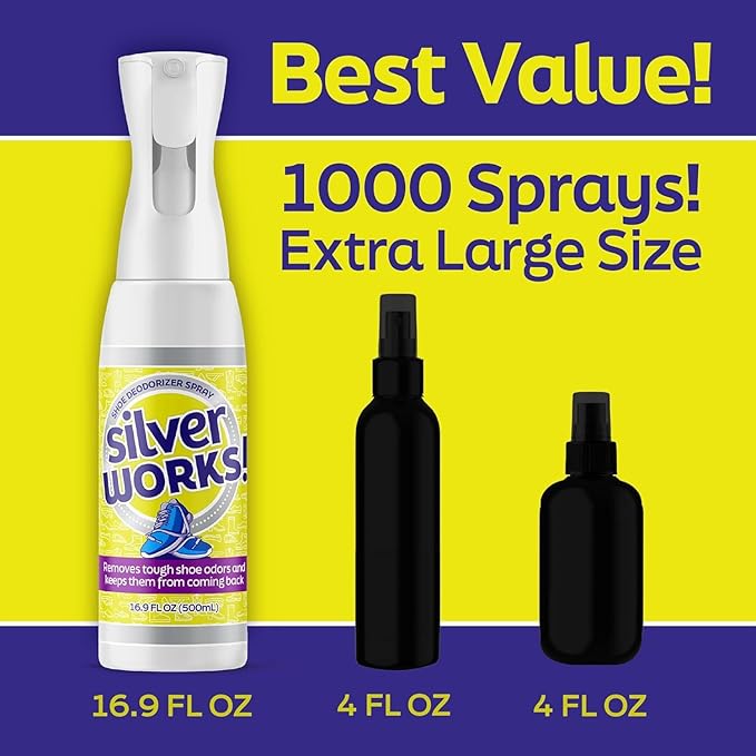 SilverWorks! Shoe Deodorizer Spray For Smelly Shoes, Shoe Odor Elimination Spray, Boot, Sneaker, Foot Sweat Smell Eliminator, Stinky Shoes Odor Eliminator, Shoe Freshener, 16.9oz, Pack of 2