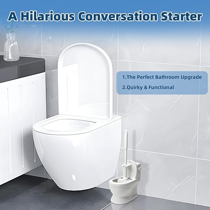 Novelty Toilet Brush Holder, Mini Toilet Shaped Ceramic Bathroom Decor with Self-Draining Base & Brush - Unique Funny Gift for Home, Office Desk Organizer (White)