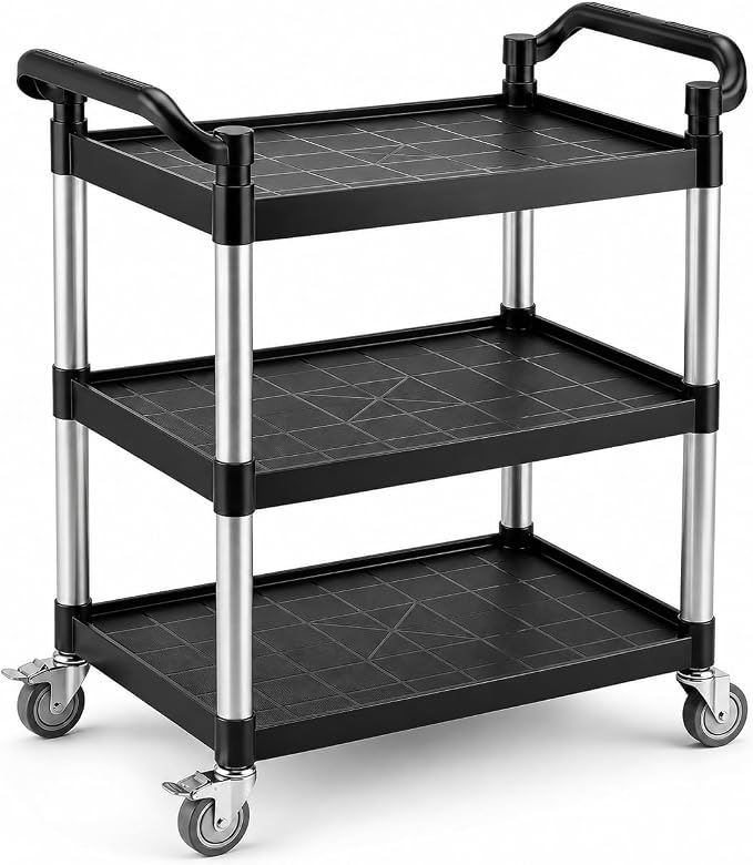 3-Tier Rolling Utility Cart with 2 Locking Brakes, 520 Lbs Heavy Duty 31.5"x15.7"x40.6" Commercial Service Cart, Tangle-Free Silent Wheels for Home, Office, Restaurant, Warehouse, Kitchen