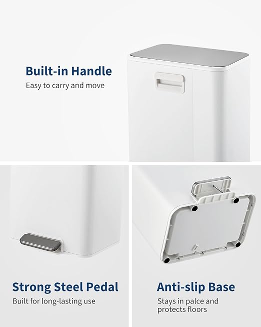 GarveeHome 3.4 Gallon Small Bathroom Trash Can, Stainless Steel Garbage Can with Quiet Soft-Close Lid, Foot Pedal & Removable Inner Bucket for Home, Office, White