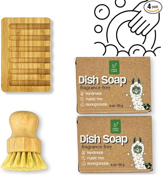 Green Llama Dish Washing Bar Soap Set with 2 Solid Coconut Oil Bars, Sisal Scrub Brush & Bamboo Holder, Fragrance-Free Kitchen Cleaning Set