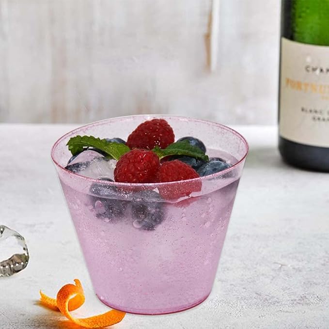 Homy Feel 9 Oz Pink Glitter Plastic Cups - 100PCS, Disposable Cocktail & Wine Cups for Wedding Party, Valentine's Day