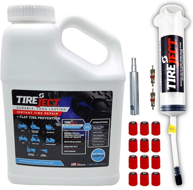 TireJect 5-in-1 Off-Road Tire Sealant - Gallon Kit to Repair and Prevent Flat Tires (applicate up to 16 ATV Tires, Large Tractors, Farm Equipment & More!)