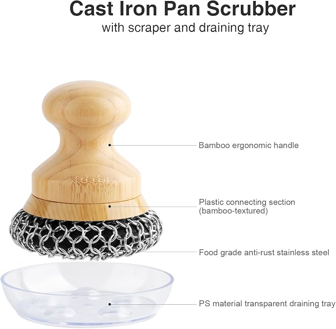Cast Iron Scrubber and Scraper,Chain Mail Cleaner with Bamboo Handle & Draining Tray,316 Stainless Steel Brush for Cleaning Pots,Pans,Wok,Bakeware,Griddles, Grills(Small&Large ChainMail,2pcs)