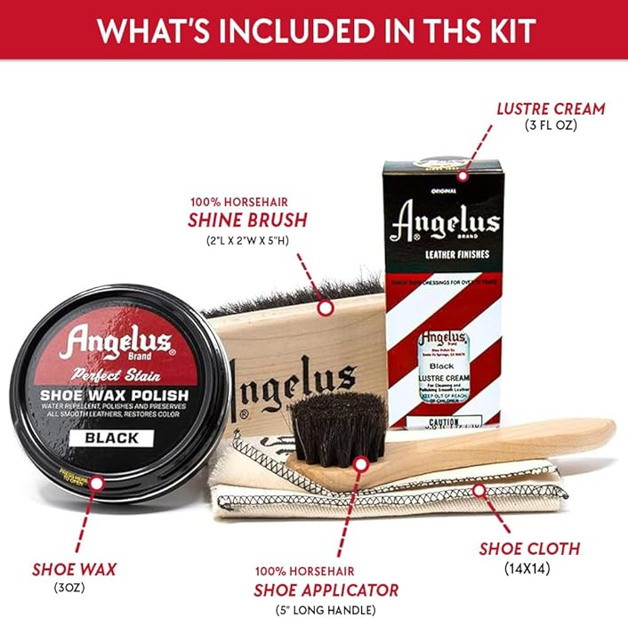 Angelus Shoe Shine Kit, Black- Boot and Shoe Polish Wax, Shoe Cream 3oz, Horsehair Brush, Dauber, and Cloth | 5 Piece Set, Gift Idea for Father's Day, Dad, Husband
