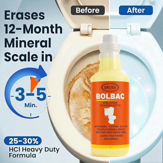 Brodi BolBac Heavy Duty Toilet Bowl Cleaner, High-Power 25-30% HCI Formula, Fast Lime & Rust Removal, Fixture-Safe, Removes Odor-Causing Build-Up (Pack of 3)