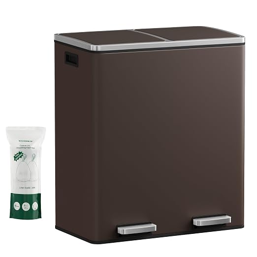 SONGMICS HOME Trash Can with 2 Compartments for Kitchen, Garbage Can with 15 Trash Bags, Brown