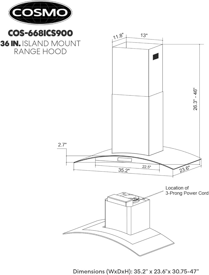 COSMO COS-668ICS900 36 in. Lumin Collection 380 CFM Ducted Island Range Hood, Soft Touch Controls, LED Lights, Stainless Steel