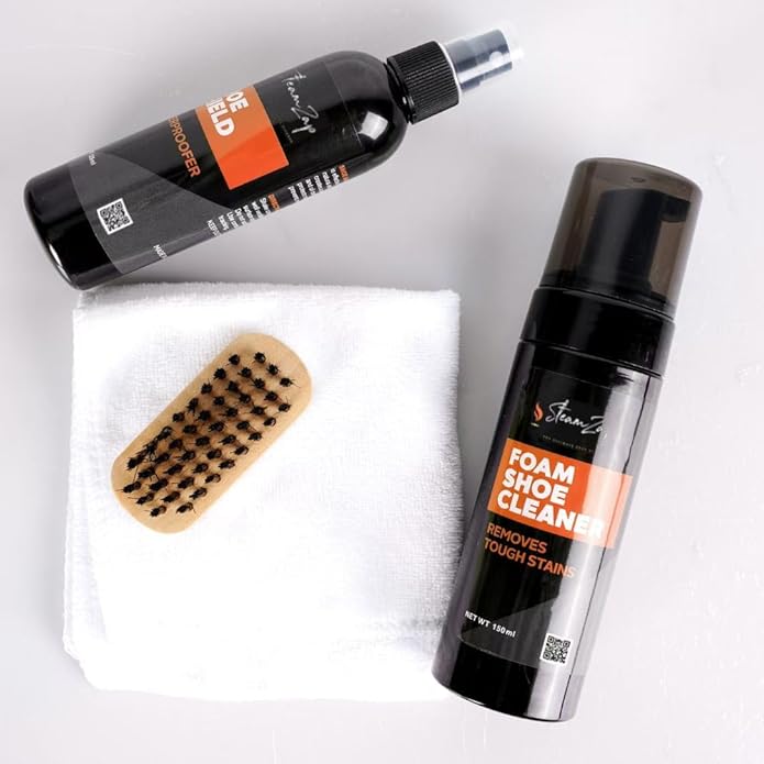 Shoe Cleaner Kit with Foam & All Fabric Cleaner, Shoe Shield Liquid, Deodoriser, Brush & Towel. Suitable for all types Suede, Sneakers, Canvas, Leather, Mesh, Woven, Knitted Shield,