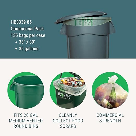 EcoSafe-6400 HB3339-85 Certified Compostable Bag - 33x39” Green Bags for 35 Gallon Bin - Extra Strong Leak, Puncture and Tear Resistant Food Scraps Bin Liners, Pack of 135