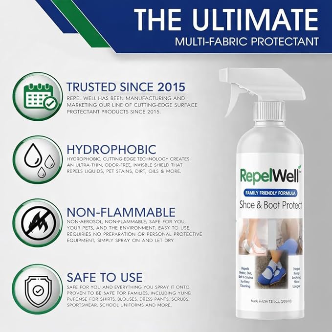 RepelWell Shoe & Boot Stain & Water Repellent (12oz) Eco-Friendly, Pet-Safe Spray Keeps Fabric, Leather & Suede Clean & Dry