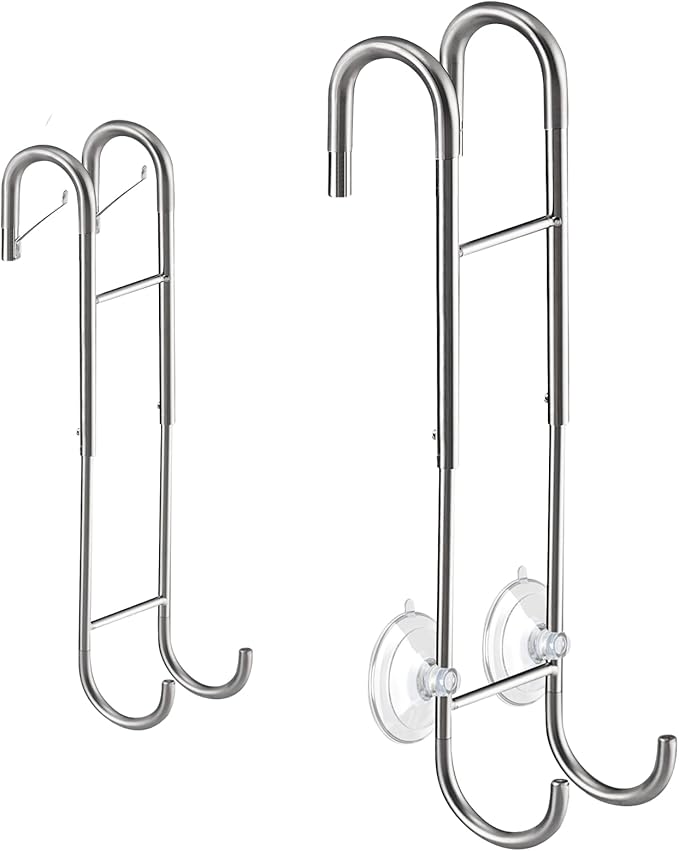 Shower Door Towel Hooks - 9"~13" Length Adjustable Hook for Frameless Over The Door Glass, Squeegee Holder, Towel Hanger for Bath Suits Rozer Robes Loofahs Shavers, Stainless Steel, 2-Pack, Silver