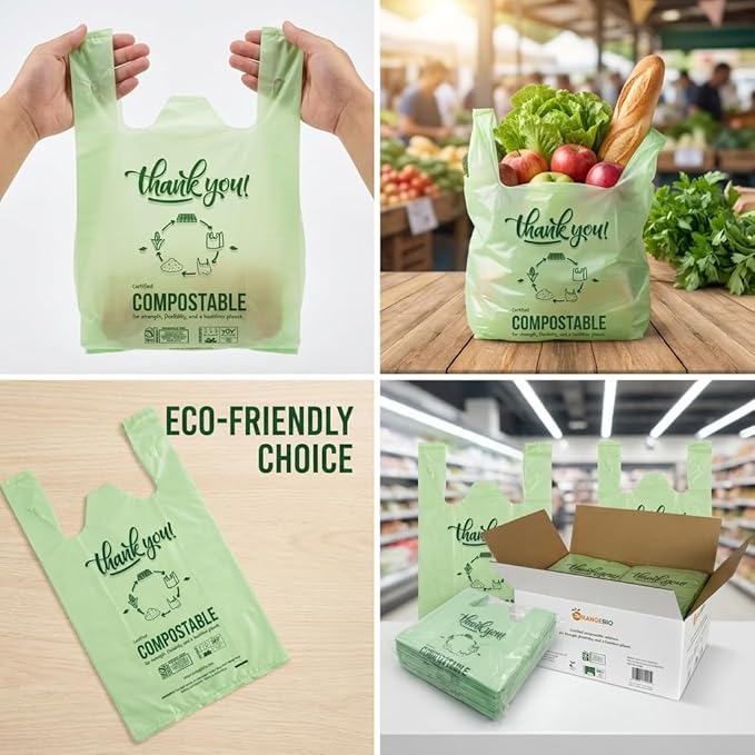(Large) OrangeBio Certified Home Compostable Shopping Bags, 500ct, 12"x 6" x 20" (Extra Thick), Hold 20 lbs, Thank You/Grocery/Take Out/T Shirt/To-Go Bags for Retail, Grocery Store