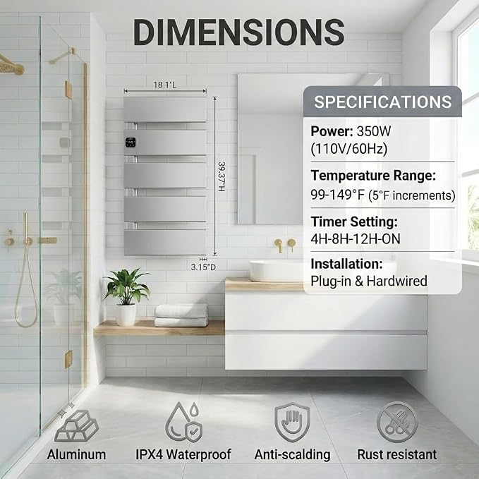 L Series Electric Towel Warmer for Bathroom, 5 Panel, Silver | Thermo Control and Timer, Fast Heat in 3 Mins, Dry Towels in 4 hrs, Memory Function, Work with Smart Plug, Left-Wiring
