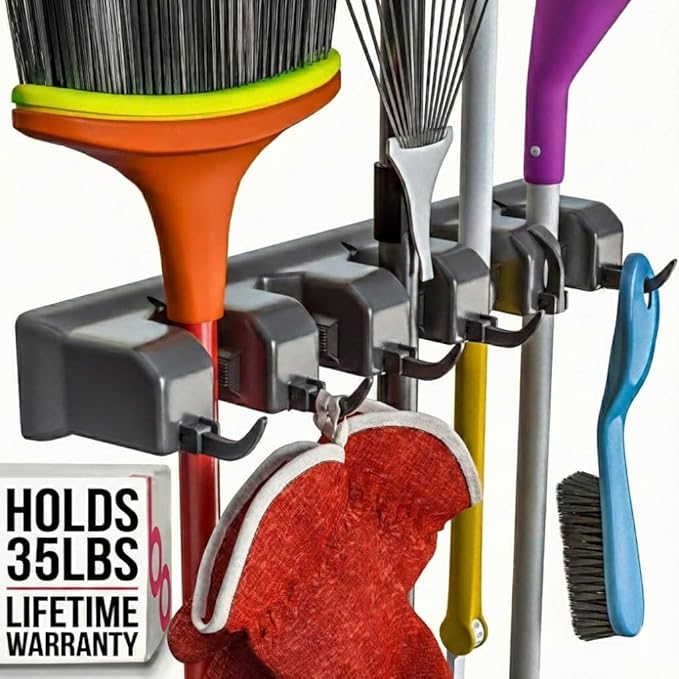 Broom Holder Wall Mount, Mop and Broom Organizer – Wall Mounted Broom Rack & Mop Rack, Rack for Brooms and Mops | Broom Hanger Wall Mount with 5 Slots & 6 Hooks, Kitchen Garage Laundry Garden