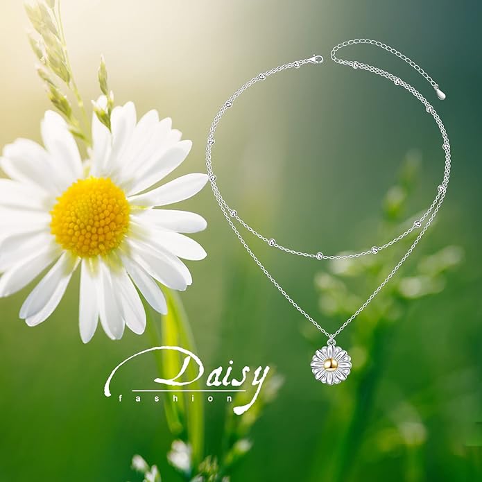 FLYOW Layered Choker Necklace S925 Sterling Silver Star Full Moon Daisy Flower Pendant Disc Jewelry Adjustable Clavicle Necklaces for Women Girls Birthday Gifts