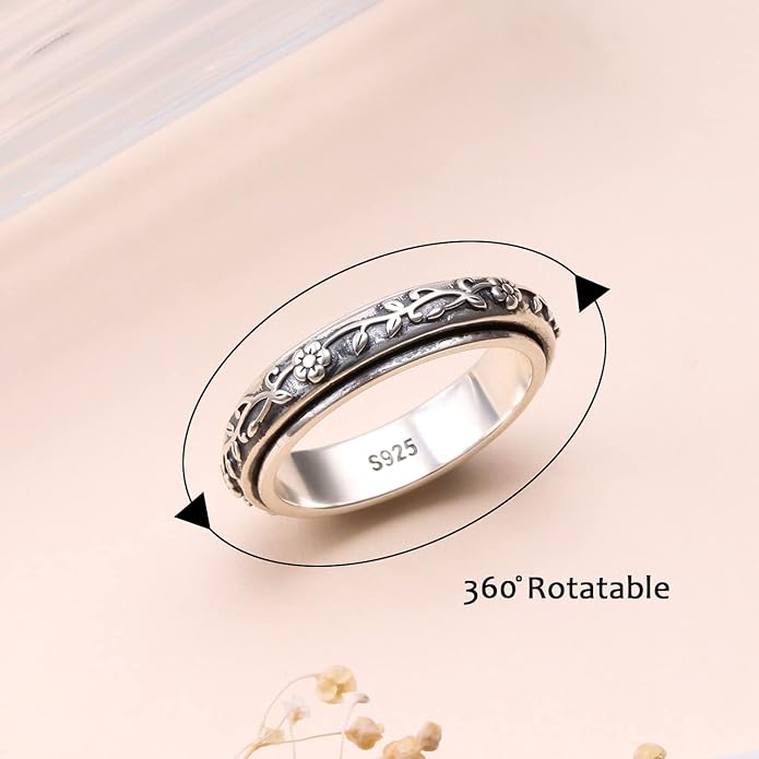 Ladytree Spinner Fidget Anxiety Ring,925 Sterling Silver Stress Relief Worry Ring,Platinum Plated ADHD Autism Jewelry,Birthday Mom Gift for Women