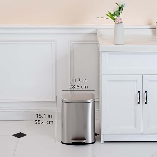 Amazon Basics Smudge Resistant Small Rectangular Step Pedal Trash Can with Soft-Close Lid, Removable Inner Bucket, Brushed Stainless Steel, 12 Liter/3.1 Gallon, Satin Nickel Finish
