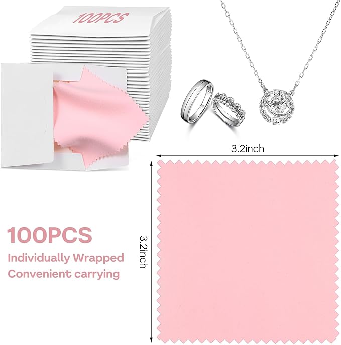 100 Pcs Jewelry Cleaning Cloth, Professional Polishing Cloth Individually Wrapped, Pink Silver Polishing Cloths for Jewelry Sterling Silver Gold Platinum Watch Coins and More (3.2" x 3.2")