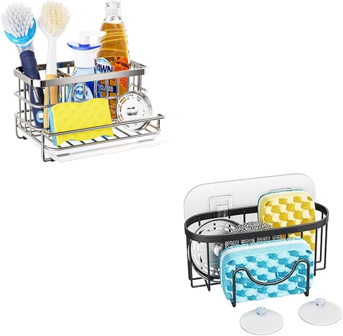 HapiRm Multifunctional Kitchen Sink Caddy with Drain Tray + Rustproof & Waterproof Sponge Holder for Kitchen Sink - Silver, Black