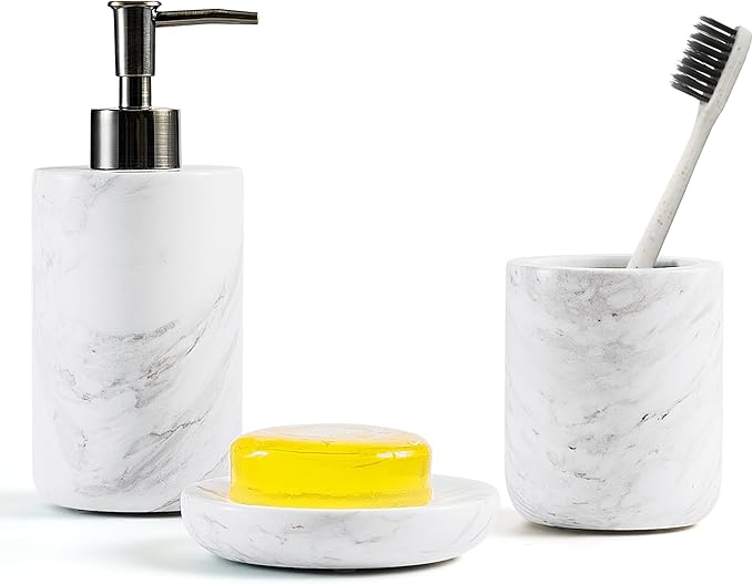 WORHE Bathroom Accessories Set Italy Natural Marble Bathroom Decor Set 3-Piece Bath Accessory Kit with Toothbrush Holder Liquid Soap Dispenser and Sponge Dish Tray Set Color White (WH054)