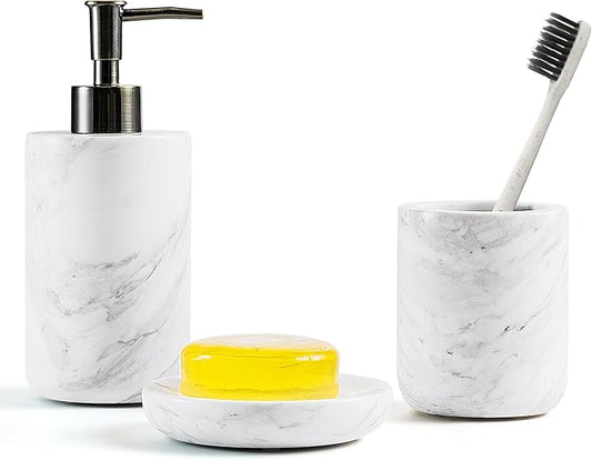 WORHE Bathroom Accessories Set Italy Natural Marble Bathroom Decor Set 3-Piece Bath Accessory Kit with Toothbrush Holder Liquid Soap Dispenser and Sponge Dish Tray Set Color White (WH054)