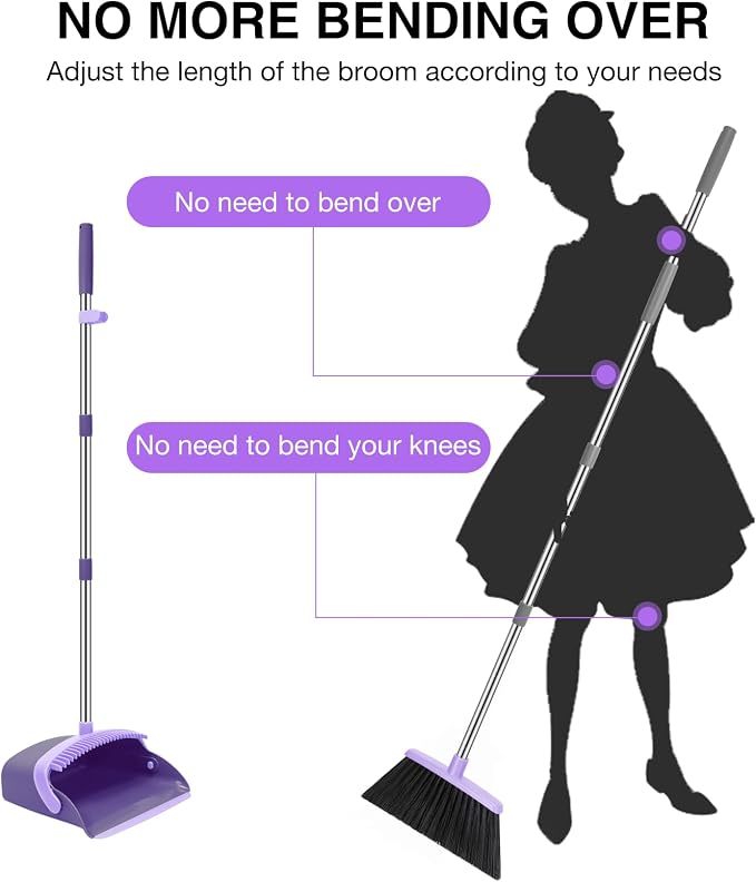 NACENA Broom and Dustpan Set, 52-in Long Adjustable Handle Broom Dustpan Combo with Dustpan Teeth to Automatically Clean Hair Suitable for Home Kitchen Office Hall Floor (Purple)
