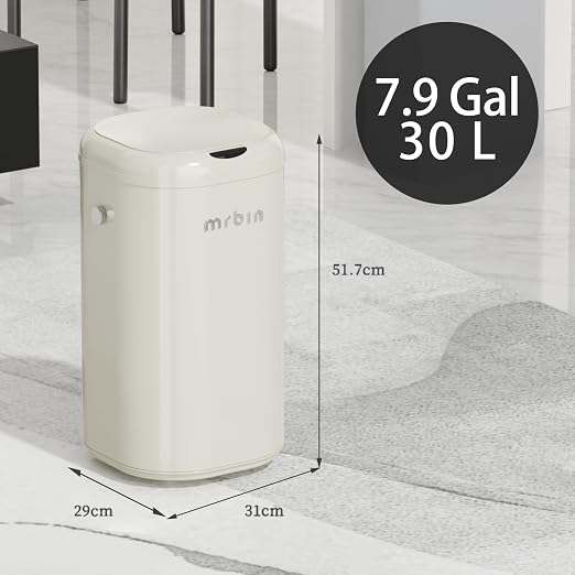 MRBIN Adsorption Metal Kitchen Motion Sensor Trash Can Removable, 30L / 7.9gal Automatic Absorbing Bag Lidded Garbage Bin with Wheels, Commercial Waste Basket for Office and Bedroom, Bathroom, White