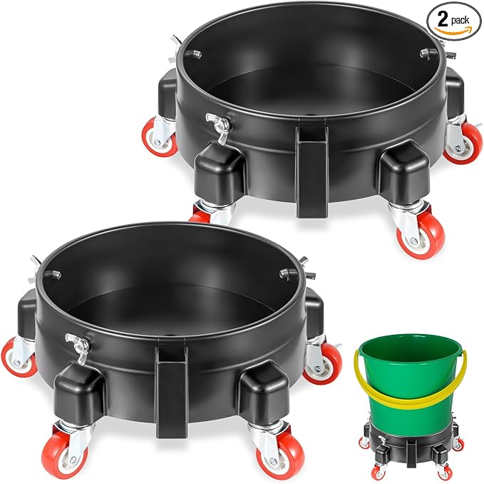 2Pcs Heavy Duty Car Wash Bucket Dolly with 360° Swivel Casters, 5 Gallon Bucket Dolly, 300 lb Capacity, Secure Fit, Round Plastic Rolling Pail Stand for Car Washing, Auto Detailing