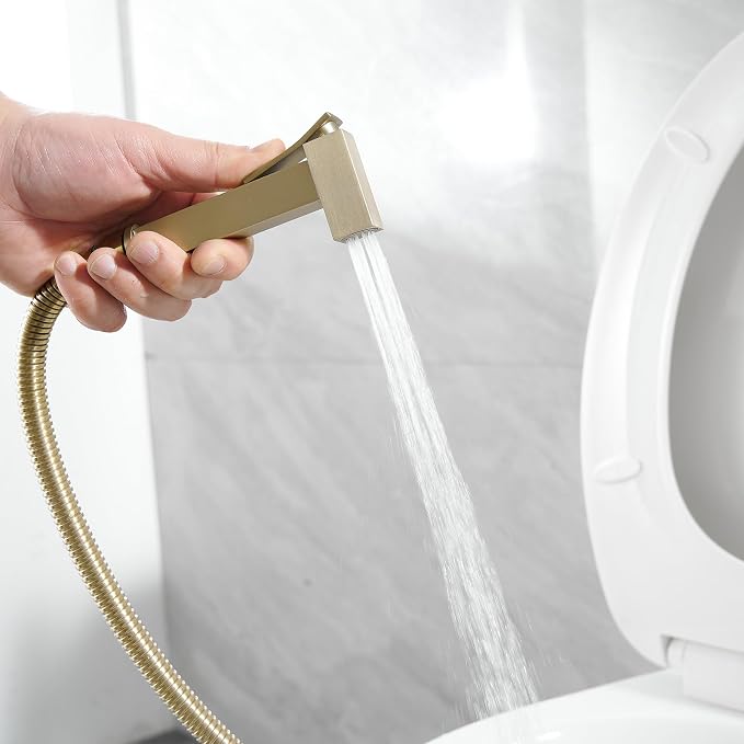 Wall Mounted Bidet Sprayer Set, Warm Water Bidet Sprayer Faucet for Toilet with Hot and Cold Brass Valve, Stainless Steel Square Handheld Bidet Attachment Set, Brushed Gold