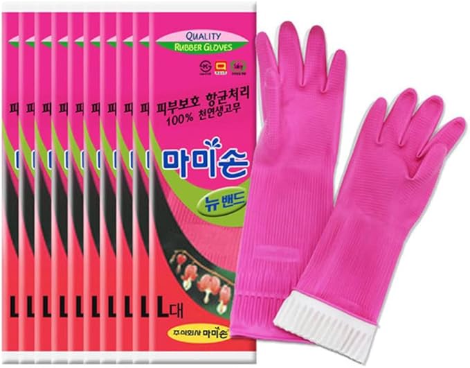 Mamison Quality Kitchen Rubber Gloves (10 Pairs, Large) Non-Slip Reusable Latex Cleaning Gloves/ Made in Korea