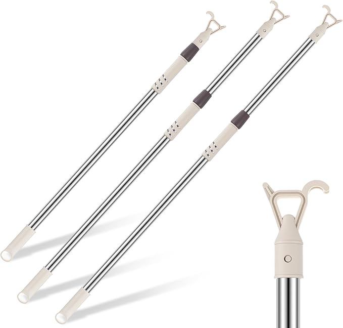 Reallnaive 1 Pack Telescoping Skylight Pole with Hook up 47 to 98 Inch Wand for Blinds Tension Rod Blinds Shades Stainless Steel Adjustable Curtain Pull Wand for Skylight Cordless Window (Beige)