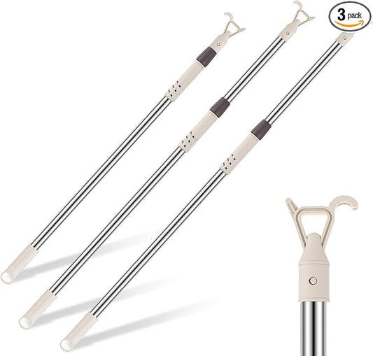 Reallnaive 3 Pack Telescoping Skylight Pole with Hook up 47 to 98 Inch Wand for Blinds Tension Rod Blinds Shades Stainless Steel Adjustable Curtain Pull Wand for Skylight Cordless Window (Beige)