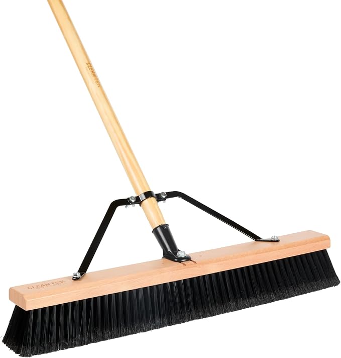 Restaurantware-Clean Tek Professional 24 Inch Push Broom, 1 Heavy-Duty Broom with 60” Handle - Fine Plastic Bristles, Durable, Wooden, Commercial Use, for Deck, Driveway, Garage, Yard, Patio