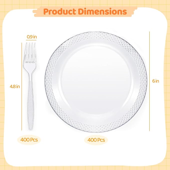 OMISTAR 800 set 6inch Clear Plastic Dessert Plates and Forks, Include 400 Disposable Appetizer Plates with 400 Plastic Forks, Round Dinner Plate for Wedding BBQ Picnic Camping Events Party Supplies