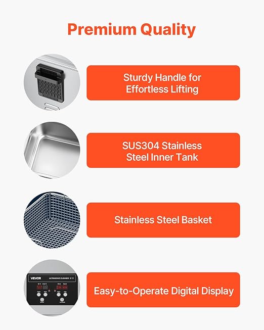 VEVOR 10L Ultrasonic Cleaner, Professional 180W Ultrasonic Cleaner Machine with Digital Display and Cleaning Basket, 40kHz Stainless Steel Cleaning Machine Ideal for Jewelry, Coins, Watches, Razors
