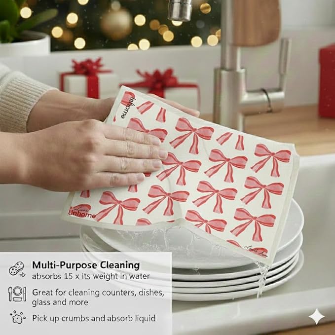 Christmas Holiday Swedish Dishcloth, Reusable Paper Towel, Super Absorbent Cellulose Sponge, Washable Kitchen Cleaning Cloth (Evergreen Holiday - 4 Pack)