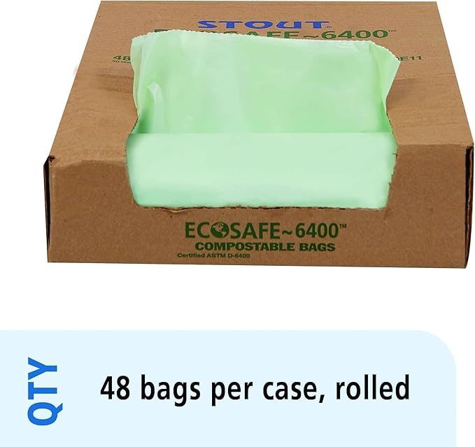 Stout by Envision Compostable Trash Bags, 30 Gallon 30" x 39", 48 Bags Per Case, ASTM6400, Green Bags, Made in America (E3039E11)
