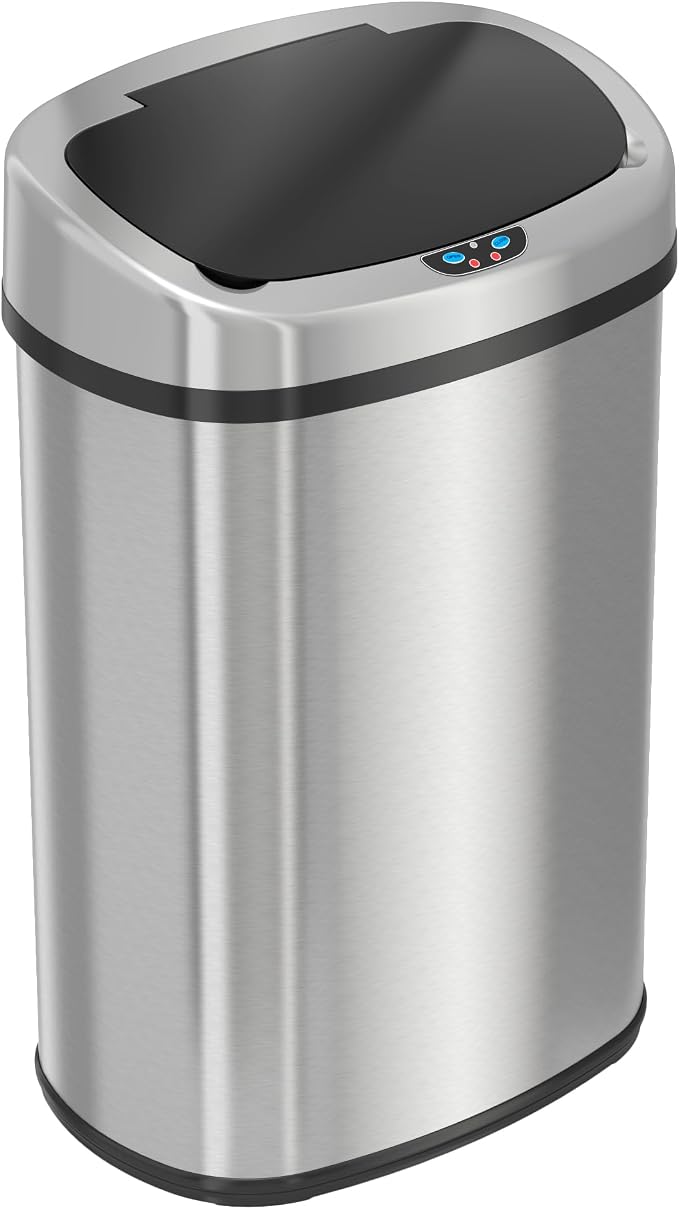 SensorCan 13 Gallon Touchless Sensor Odor Control System, Stainless Steel Oval Shape Automatic Garbage Bin, Base Model Trash Can