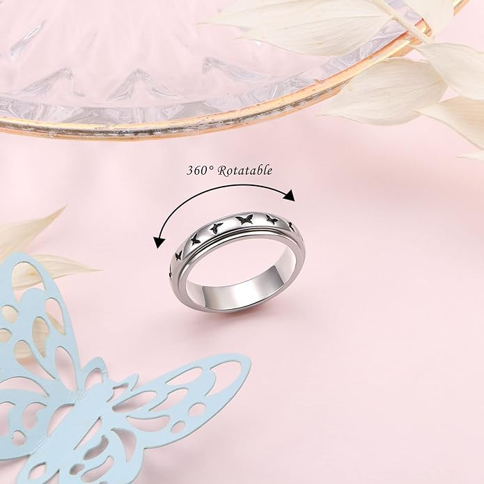 S925 Sterling Silver Spinner Fidget Anxiety Worry Relieving Boredom ADHD Autism Band Rings