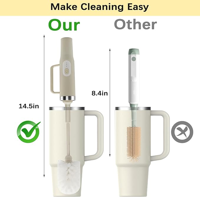 5 in 1 Electric Bottle Brush Cleaner Compatible Stanley Bottle Brush Straw Cleaner Multifunction Rechargeable IPX6 Waterproof Extra Long Design for Stanley Cup, Sports Bottle and More (Beige)