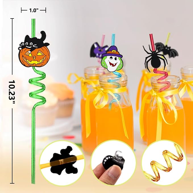 24pcs Halloween Party Favors Bat Pumpkin Ghost Cat Witch Spider Ghost Pattern Reusable Straws Party Gift Halloween Party Supplies with 2 Cleaning Brushes 8 Color.