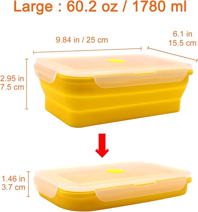 Set of 2 Extra Large Collapsible Silicone Food Storage Containers With Lids,82.8oz + 60.2oz Meal Prep Box, Bento Lunch Boxes, Rv Collapsible Bowls For Camping, Kitchen, BPA Free(Red and Yellow)